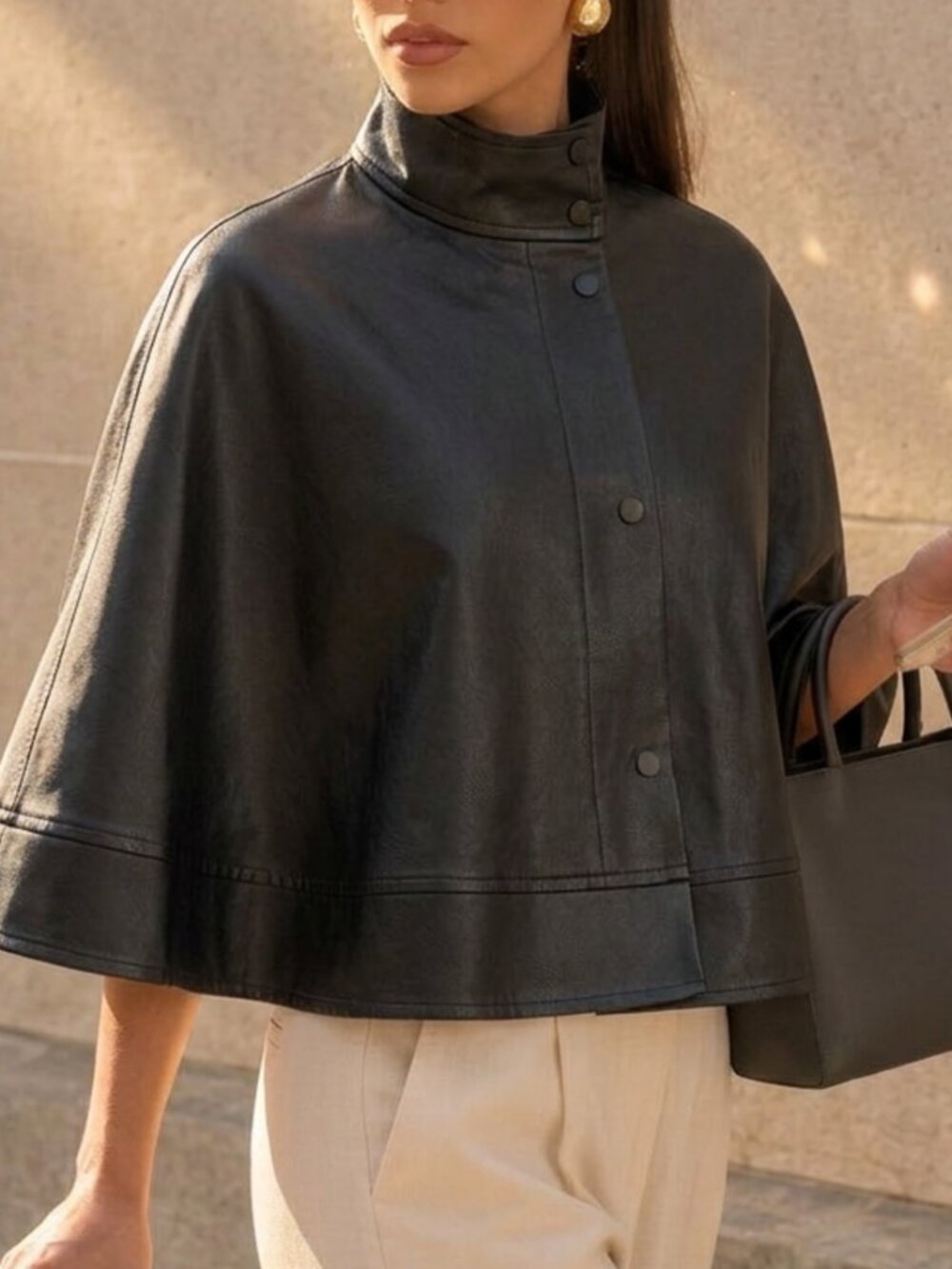 Black Casual Women's Faux Leather High Neck Loose Poncho